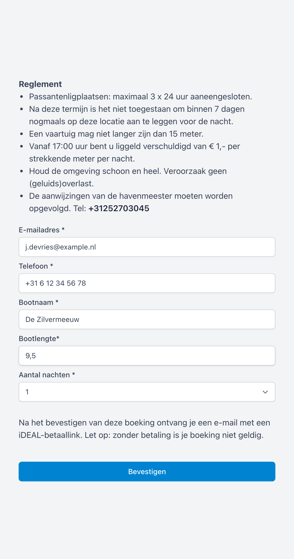 Publieke passantenboekingspagina van WSV De Vliegende Vis