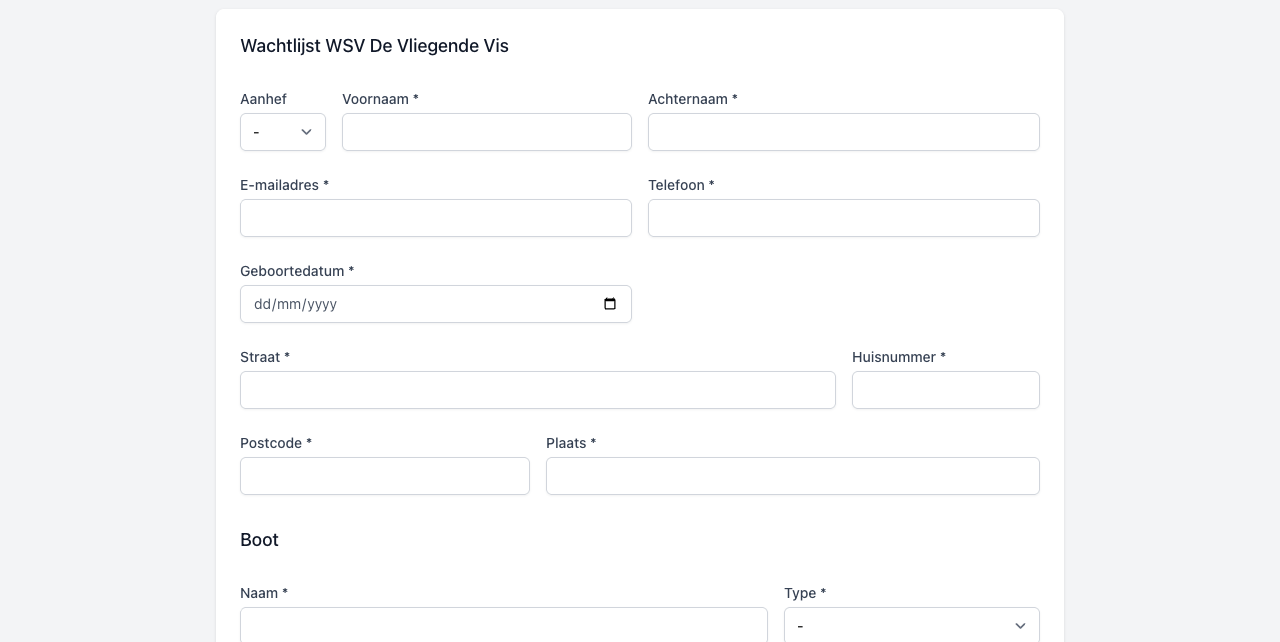 Openbaar wachtlijstformulier van WSV De Vliegende Vis